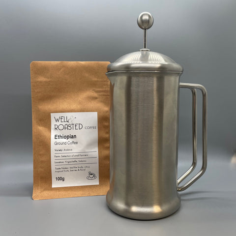 Stainless Steel Cafetiere with a bag of Well Roasted Coffee speciality coffee