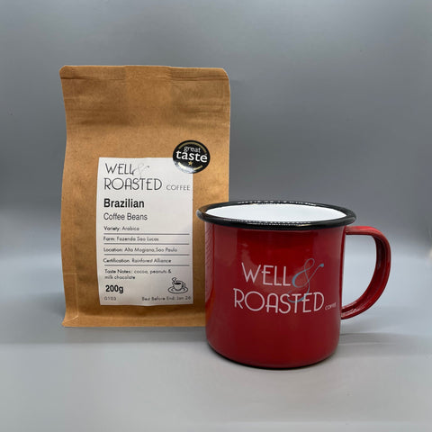 Well Roasted Coffee Enamel Cup with a bag of freshly roasted speciality coffee gift set